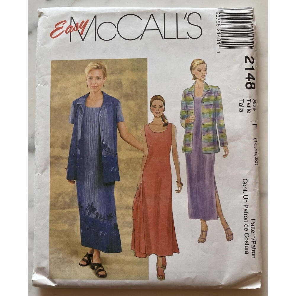 McCall's 2148 Scoop Neck Dress & Unlined Jacket Sz 16-20‎ Uncut Pattern Vtg 90s